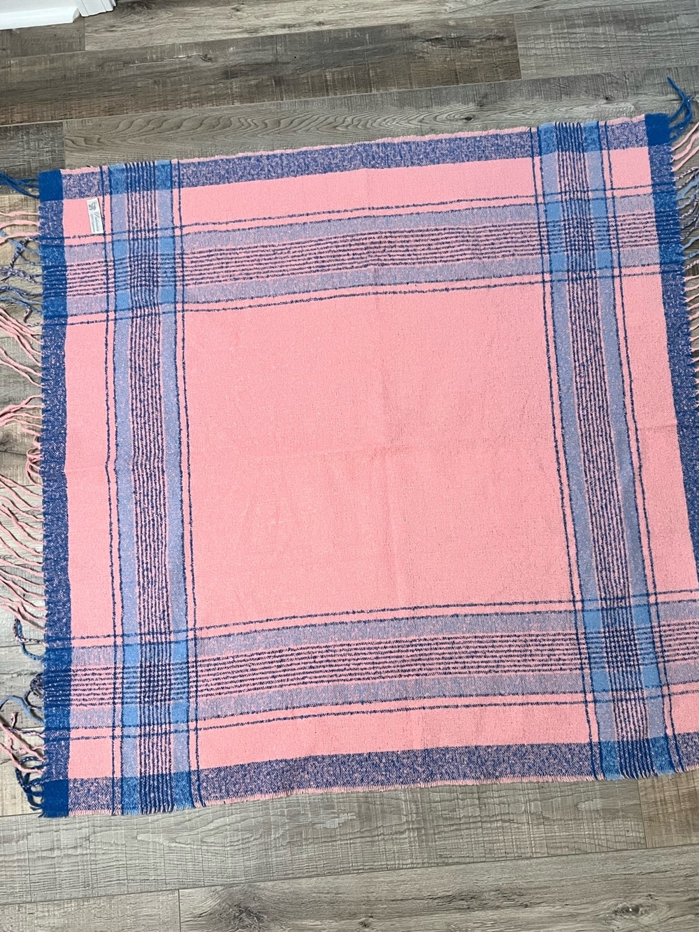 pashmina Pink and Blue Plaid 100% cashmere Fringe Wrap
